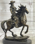Miniature Bronze Cowboy on Horseback Statue Sculpture Figure Marble Base 14" x 7"