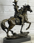 Miniature Bronze Cowboy on Horseback Statue Sculpture Figure Marble Base 14" x 7"