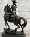 Miniature Bronze Cowboy on Horseback Statue Sculpture Figure Marble Base 14" x 7"