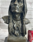 Native American Indian Old Man Weathered Face Bronze Sculpture Statue Bust on Marble Base
