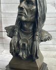Native American Indian Old Man Weathered Face Bronze Sculpture Statue Bust on Marble Base