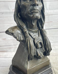 Native American Indian Old Man Weathered Face Bronze Sculpture Statue Bust on Marble Base