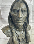 Native American Indian Old Man Weathered Face Bronze Sculpture Statue Bust on Marble Base