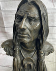 Native American Indian Old Man Weathered Face Bronze Sculpture Statue Bust on Marble Base