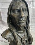 Native American Indian Old Man Weathered Face Bronze Sculpture Statue Bust on Marble Base
