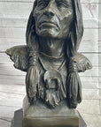 Native American Indian Old Man Weathered Face Bronze Sculpture Statue Bust on Marble Base