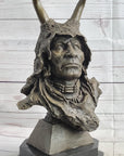Native American Indian Shaman Man in Antler Headdress Bronze Sculpture Statue on Marble Base