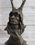 Native American Indian Shaman Man in Antler Headdress Bronze Sculpture Statue on Marble Base