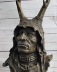Native American Indian Shaman Man in Antler Headdress Bronze Sculpture Statue on Marble Base