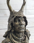 Native American Indian Shaman Man in Antler Headdress Bronze Sculpture Statue on Marble Base