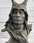 Native American Indian Shaman Man in Antler Headdress Bronze Sculpture Statue on Marble Base