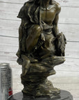 Native American Indian Warrior Squatting on Rock Bronze Sculpture Statue Marble Base