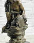 Native American Indian Warrior Squatting on Rock Bronze Sculpture Statue Marble Base