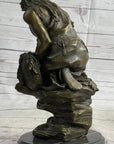 Native American Indian Warrior Squatting on Rock Bronze Sculpture Statue Marble Base