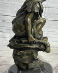 Native American Indian Warrior Squatting on Rock Bronze Sculpture Statue Marble Base