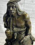 Native American Indian Warrior Squatting on Rock Bronze Sculpture Statue Marble Base