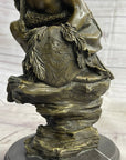 Native American Indian Warrior Squatting on Rock Bronze Sculpture Statue Marble Base