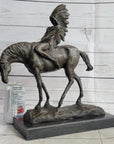 Native American Indian on Horseback Bronze Sculpture Statue Figure on Marble Base