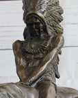 Native American Indian on Horseback Bronze Sculpture Statue Figure on Marble Base