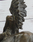 Native American Indian on Horseback Bronze Sculpture Statue Figure on Marble Base