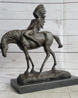 Native American Indian on Horseback Bronze Sculpture Statue Figure on Marble Base