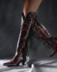 Z5453 - WOMEN'S RED EMBROIDERY AND OVERLAY WITH FRINGE TALL TOP POINTED LAMB COWBOY BOOT