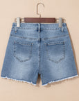 Amelie Pearl Beaded Raw Hem Medium Wash Denim Shorts