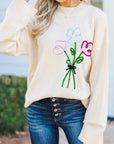 Embroidered Flower Ribbed Loose Sweater