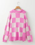 Checker Half Buttoned Collar Drop Shoulder Sweater