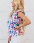 Reign Flutter Sleeve Mock Neck Shirred Blouse
