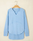 Solid V-Neck Raw Hem Long Sleeve Top