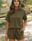Solid Corded Short Sleeve Tee and Shorts Set