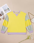 Yellow Striped Color Block Patchwork Crewneck Plus Size Pullover Sweatshirt