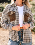 Plaid Corduroy Patchwork Pocketed Button-Up Shacket
