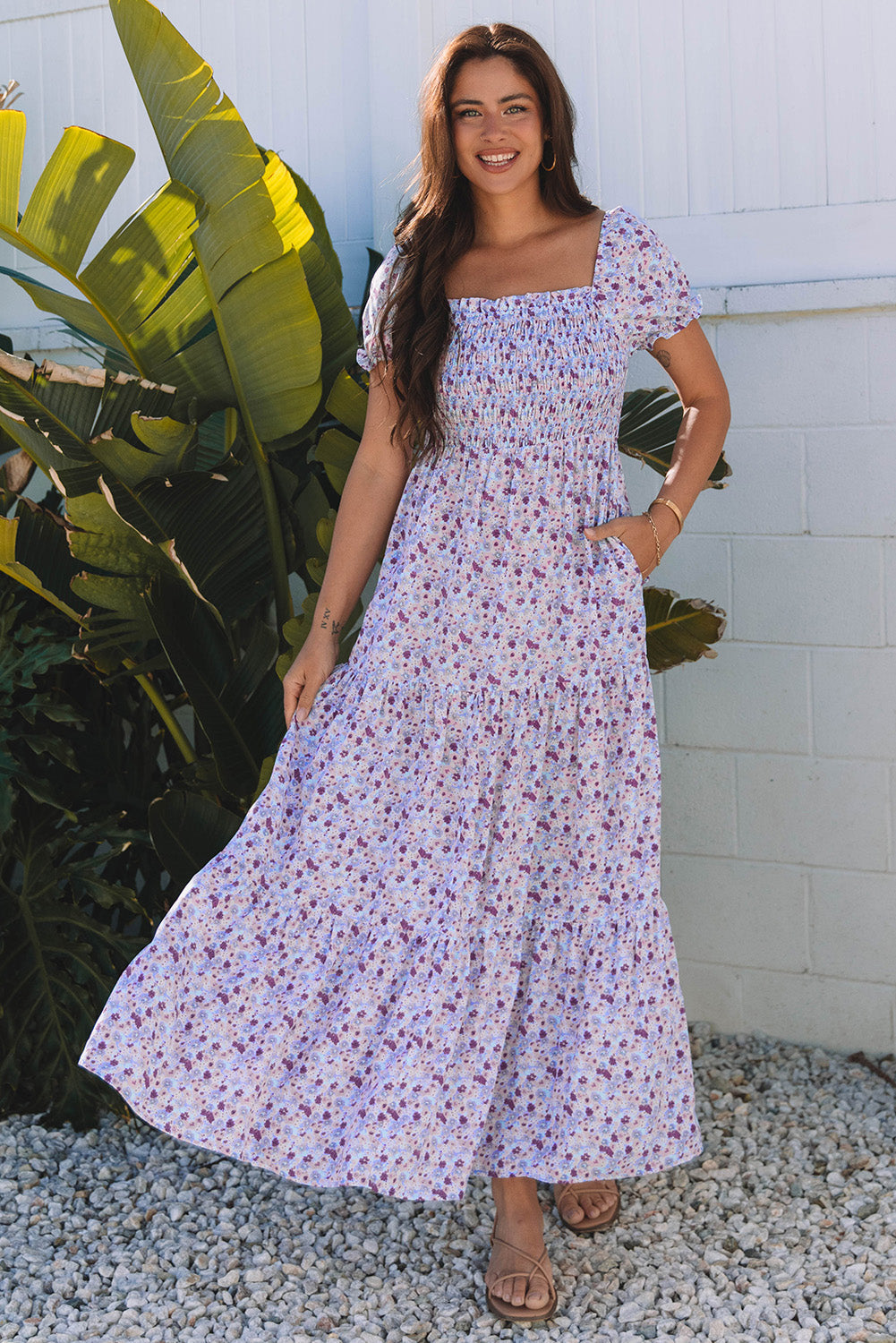 Lacey Floral Short Bubble Sleeve Maxi Dress
