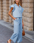 Kallie Ruffled Sleeve Zipped Top and Wide Leg Pants Set
