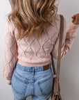 Molly Openwork Plaid Puff Sleeve Cropped Sweater