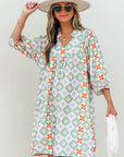 Reagan Floral Print 3/4 Sleeve Notched Neck Mini Dress
