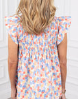 Abstract Shirred Ruffle Sleeve Blouse