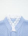 Dotted Denim Lace Trim Collared V-Neck Blouse