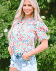 Azaria Floral Print Button Split Neck Puff Sleeve Blouse