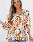 Aurelia Drawstring Frilled V Neck 3/4 Sleeve Blouse