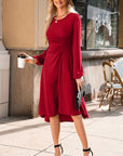 Solid Ruched Long Sleeve Midi Dress
