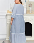 Plus Size Stripe Patchwork Lace Trim 3/4 Sleeve Maxi Dress
