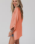 Jade Ribbed Roll-tab Sleeve Chest Pocket Oversize Top
