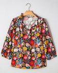 Floral 3/4 Puff Sleeve Tied Neck Blouse