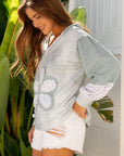 Floral Patchwork Waffle Textured V-Neck Hooded Top