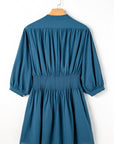 Vera 3/4 Sleeve Shirred High Waist Buttoned Dress