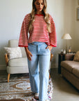 Stripe Lace Trim 3/4 Sleeve Top