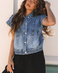 Nora Blue Acid Wash Elastic Hem Button Up Denim Vest